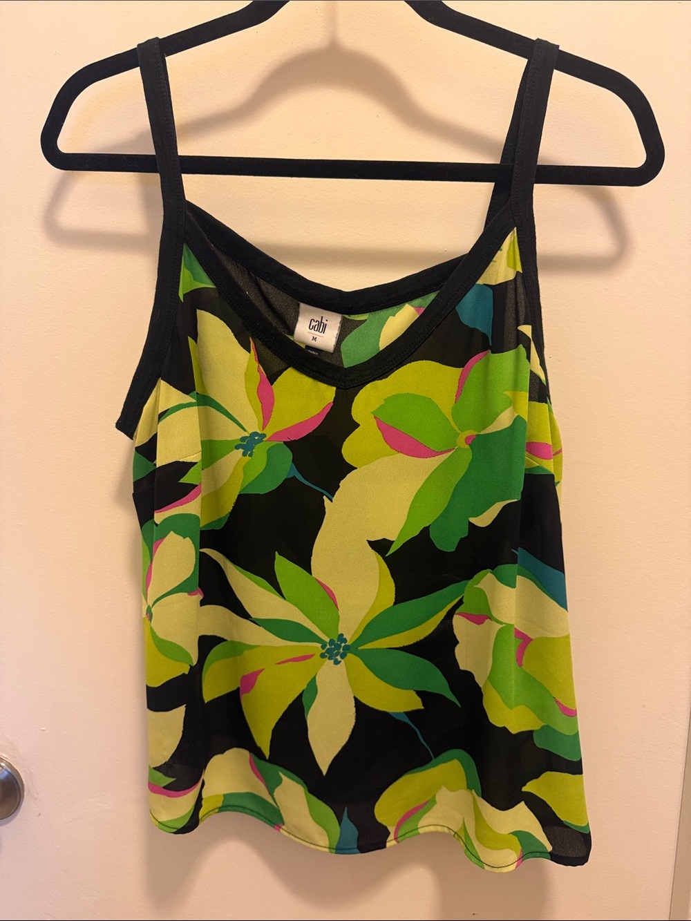 CAbi Black Floral Camisole with Lime & Green Accents